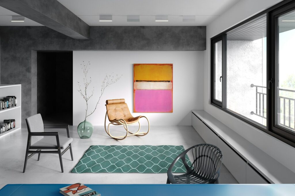 a modern living room with a rocking chair