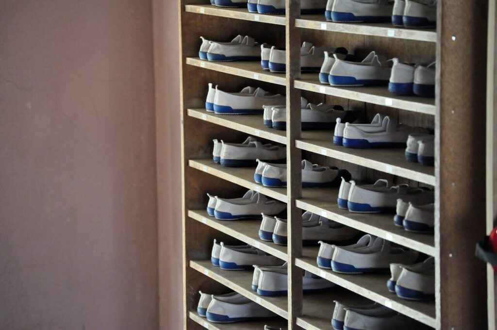 shoe, footwear, rack, furniture, pair, wall