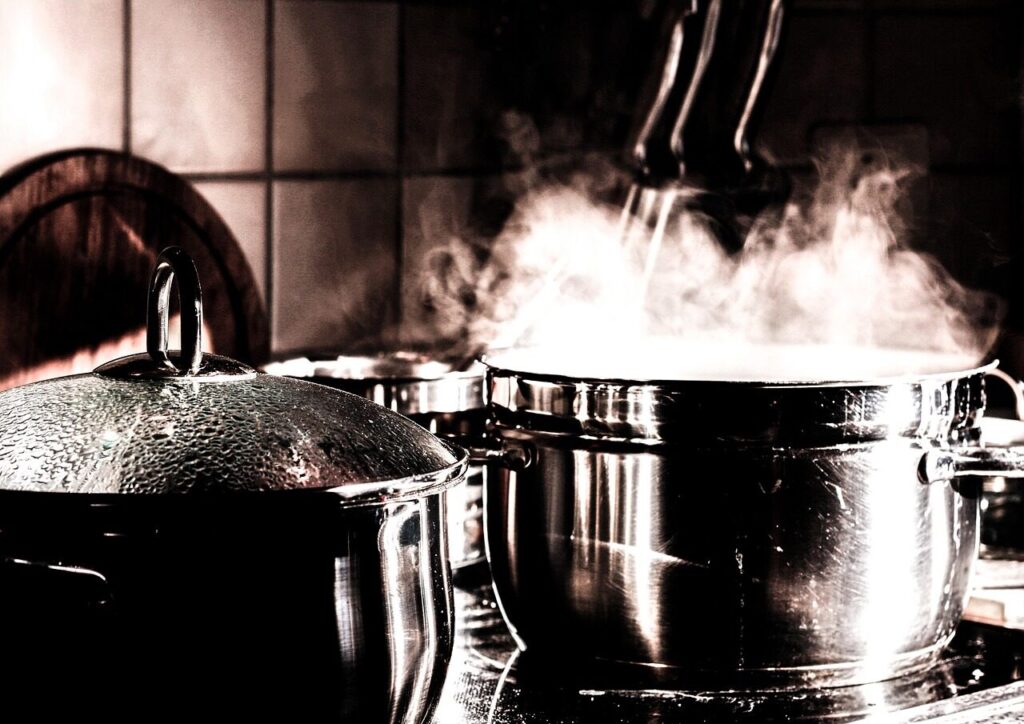 kitchen, cook, pots, cooking pot, steam, smoke, meal, stove, kitchen, cooking pot, steam, steam, steam, steam, steam, stove, stove
