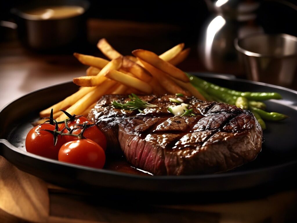ai generated, steak, beef, grilled, juicy, meat, pork, tender, ribeye, sirloin, filet mignon, t-bone, porterhouse, prime rib, new york strip, medium rare, well-done, marbling, seasoning, charred, sear, french fries