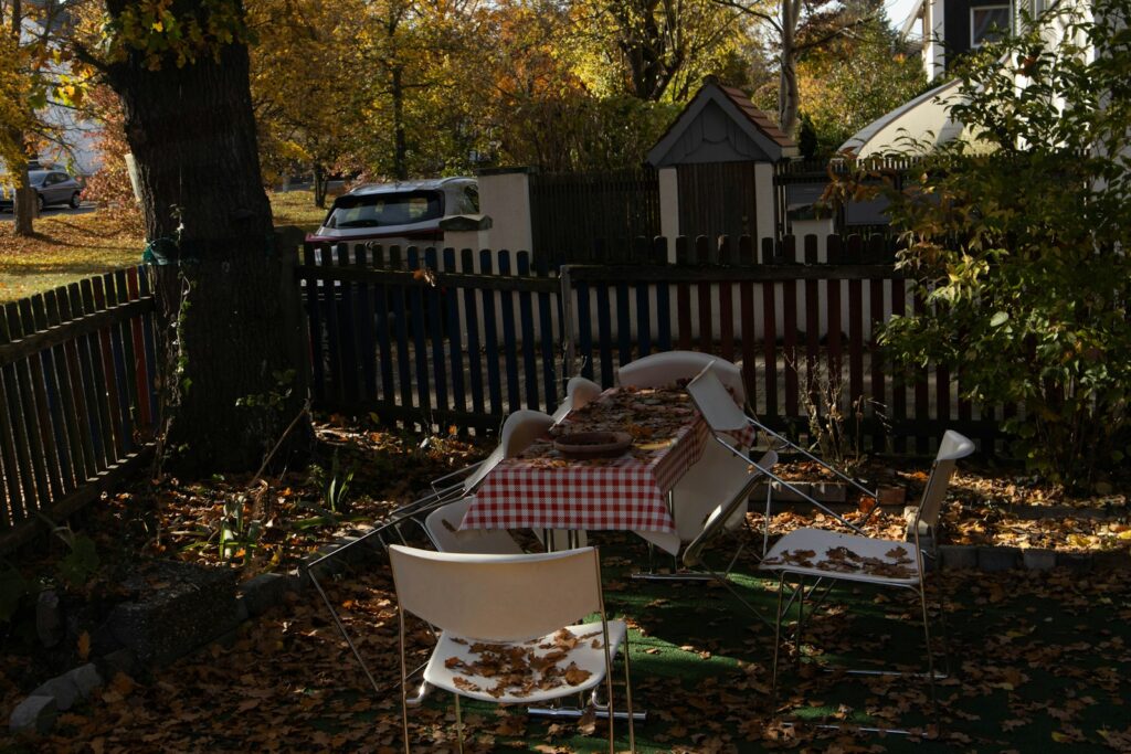 a table and chairs in a yard with leaves on the ground