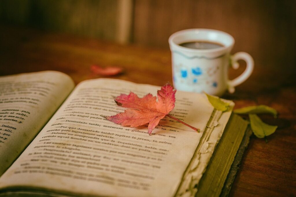 leaves, coffee, cup, still life, book, reading, coffee cup, leisure, hobby, read, open book, nature, bookworm