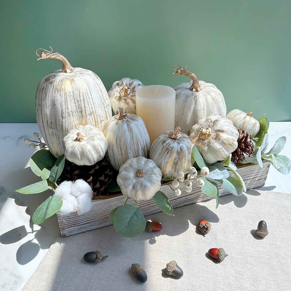 Neutral White Pumpkins with Greenery