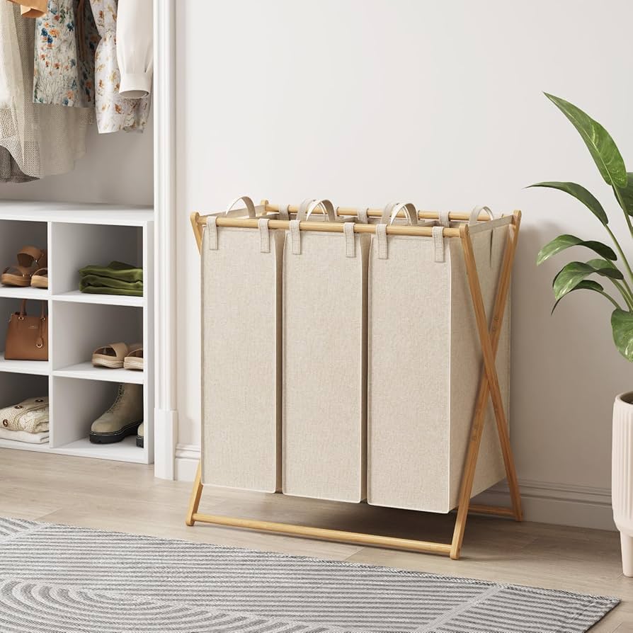 Bamboo Three Bag Laundry Sorter with Shelving
