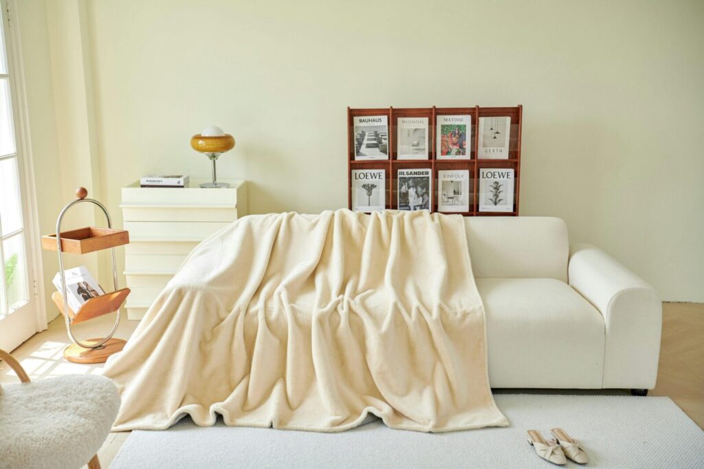 White sofa with a throw blanket in a stylish living room setting.