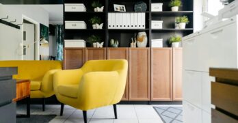 Creative yellow armchairs placed near wooden coffee table in cozy living room with creative shelves decorative houseplants