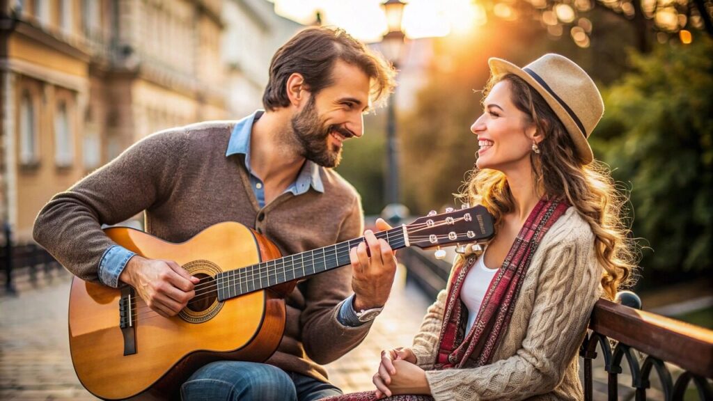 ai generated, serenade, couple, park, man, woman, happiness, guitar, melody, instrument