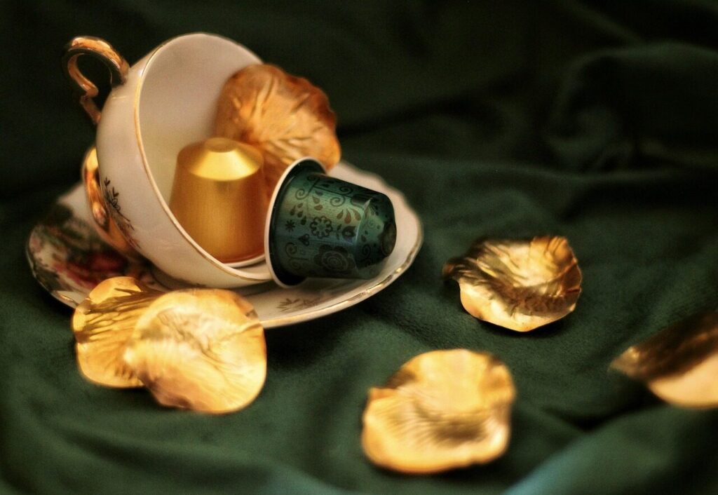 coffee, capsule, gold, green, elegant, cup, petal, still life, coffee cup, coffee pod
