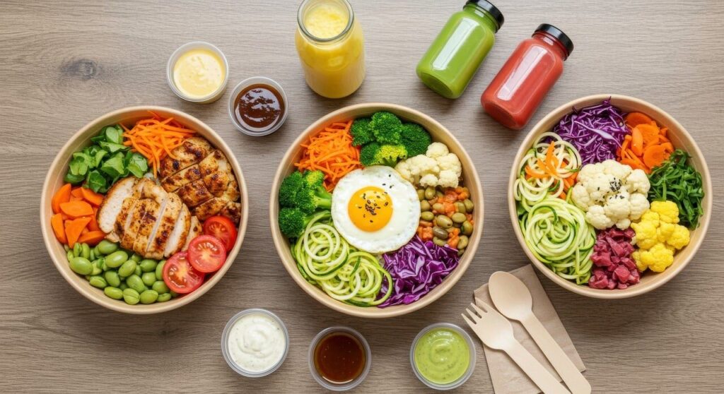 ai generated, bowls, food, healthy, nutrition, vegetables, colorful, assortment, balanced, lifestyle, greens, protein, lunch, dinner, wellness, fitness, ingredient, freshness, dish, meal, plate, chicken, salad, cuisine, nutritious