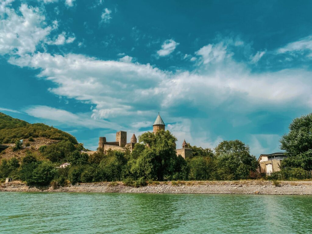 a body of water with trees and buildings on the side
