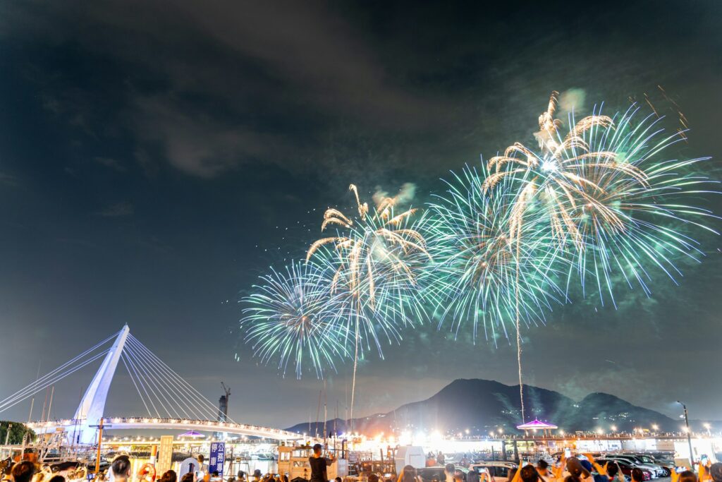A large group of people watching fireworks in the sky