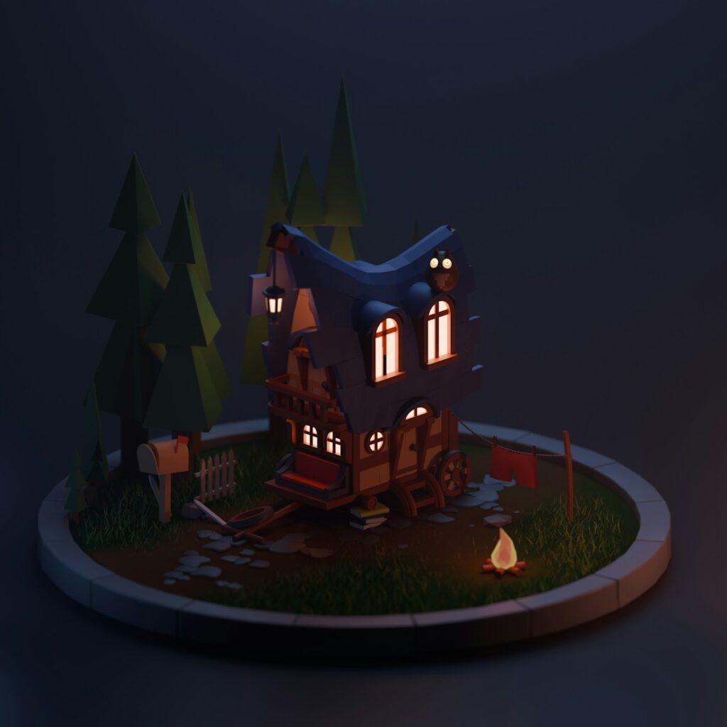 A paper model of a house in the middle of the night