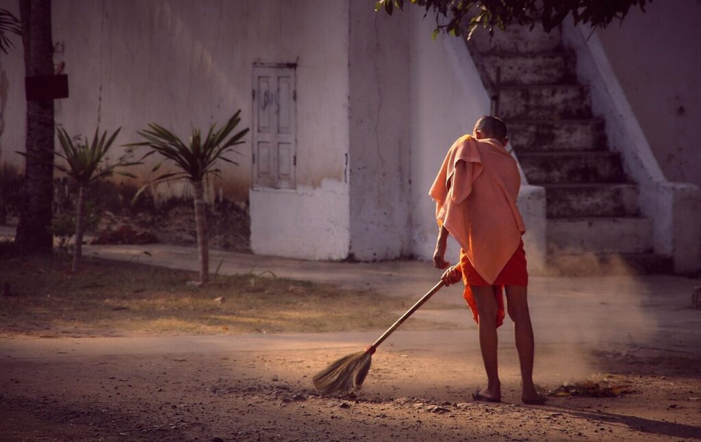 monk, monastery, sweep, clean, broom, monk, monk, sweep, sweep, clean, clean, broom, broom, broom, broom, broom