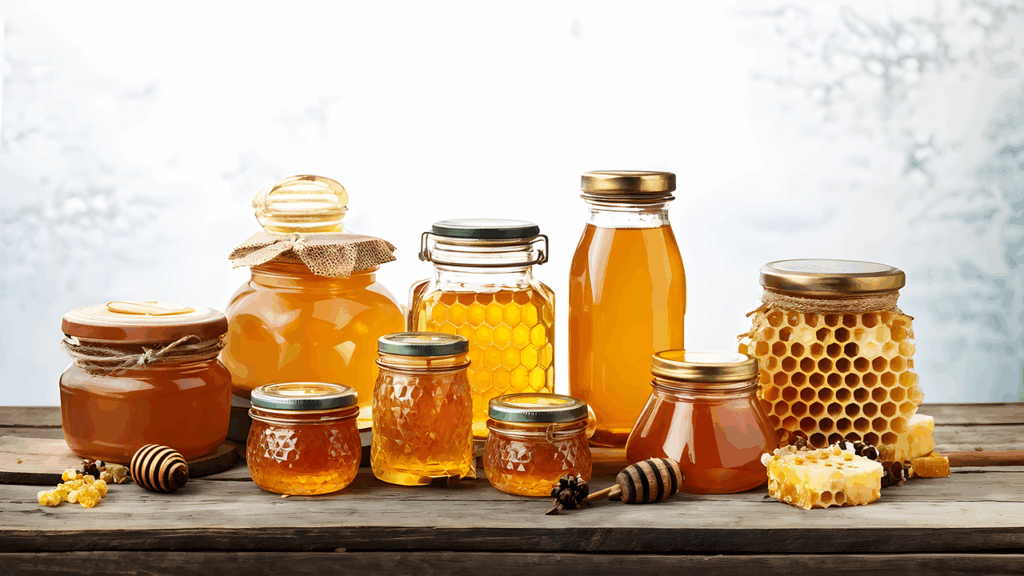local honey, honey jars, honeycomb, beeswax, rustic table, honey display, organic honey, natural sweetener, honey products, beekeeping, honey varieties, raw honey, fresh honey, homemade honey, artisan honey, honey farm, bee products, rustic decor, honey packaging, golden honey, farm-to-table, sweet honey, local produce, organic products, honey stall, ai generated