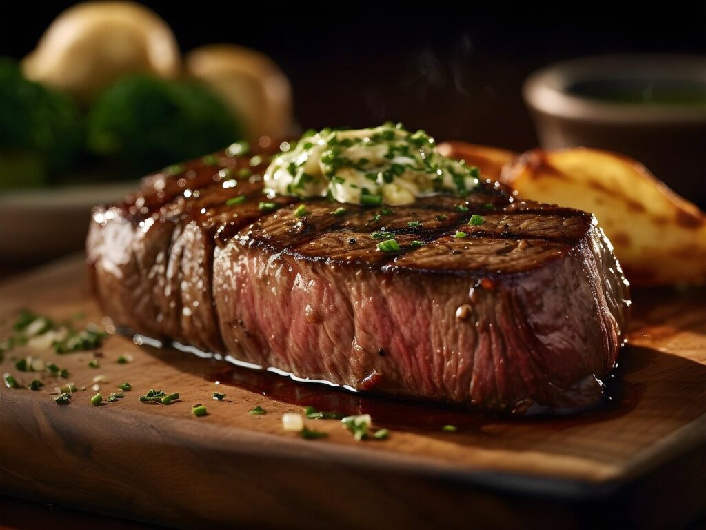 ai generated, steak, beef, grilled, juicy, meat, pork, tender, ribeye, sirloin, filet mignon, t-bone, porterhouse, prime rib, new york strip, medium rare, well-done, marbling, seasoning, charred, sear, potato