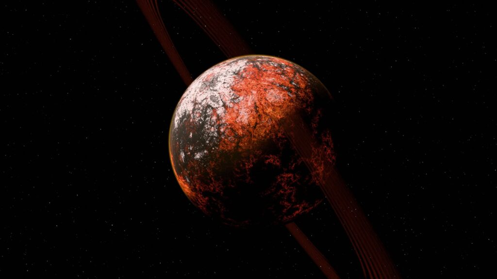 Red planet with rings in dark space