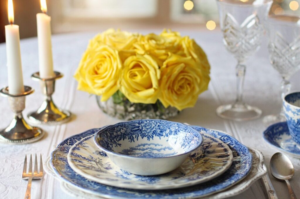 place setting, dinner, table setting, blue transfer ware, blue dishes, yellow roses, vintage, vintage china, vintage dishes, anniversary, setting, place, plate, table, silverware, dining, white, fork, restaurant, knife, banquet, formal, lunch, cutlery, elegant, meal, dine, utensil, napkin, glass, service, dish, food, silver, eat, flatware, happy mothers day, nature, party, reception, wedding, celebration, fine, porcelain, china, spoon, tableware, easter, spring, summer, kitchen, dishware, traditional, lovely, feminine, beautiful, crystal, candles, eastercollection