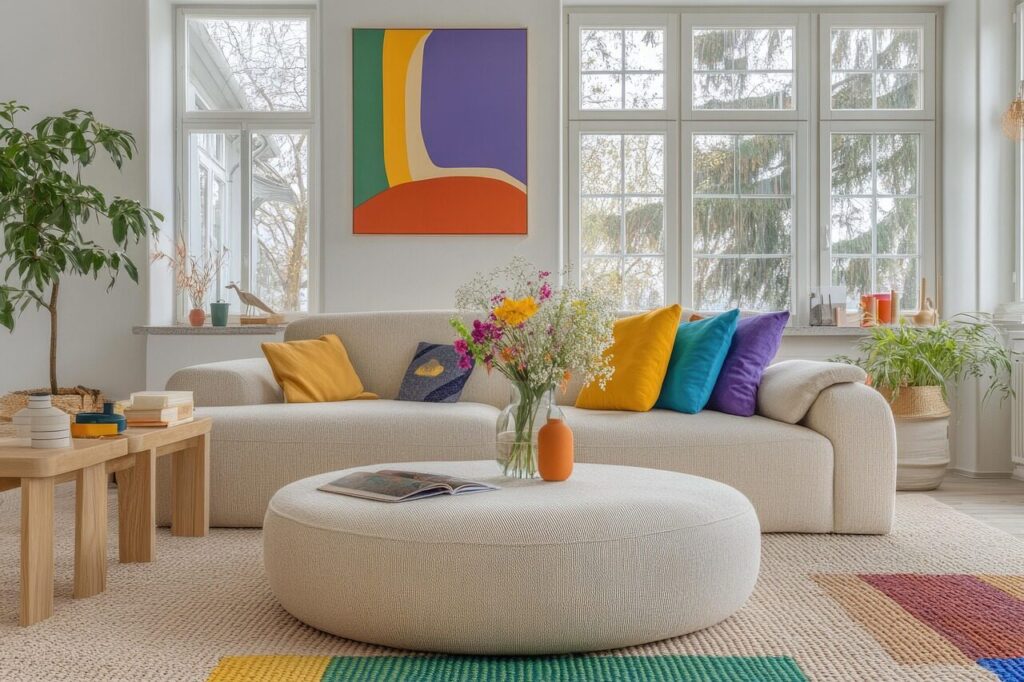 ai generated, living room, ottoman, stylish, cozy, furniture, cozy atmosphere, home, interior design, decor, round ottoman, home decor