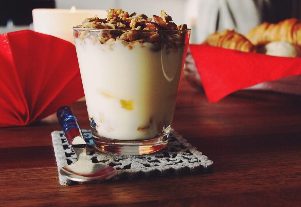 parfait, yogurt, granola, breakfast, morning, spoon, coaster, food, parfait, parfait, parfait, parfait, parfait, yogurt, granola, granola