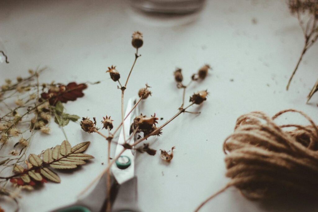 Creative flat lay of dried flowers, leaves, scissors, and twine on a table, perfect for art and craft themes.