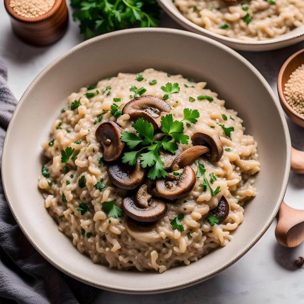 ai generated, mushroom, food, creamy, vegan, risotto, organic, fresh, healthy, parsley, nature, plant, green, herbs, seasoning, health, leaves, spinach, flowers