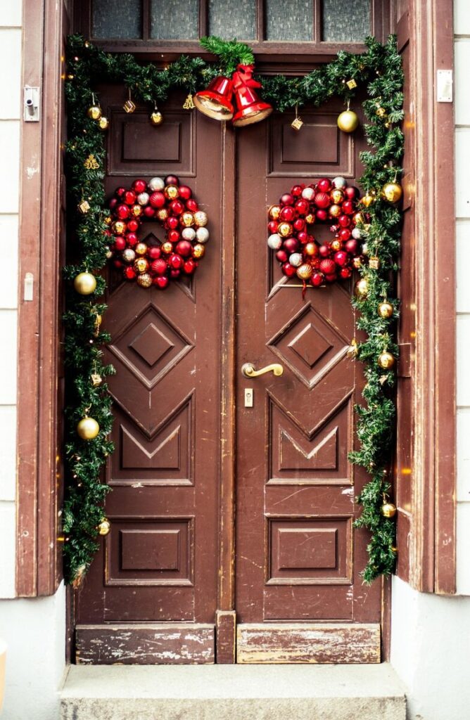 christmas, decoration, door, baubles, christmas bells, christmas ornaments, wooden door, entrance, facade, building