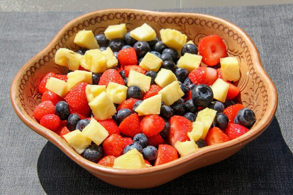 salad, fruit, blueberry, strawberries, pineapple