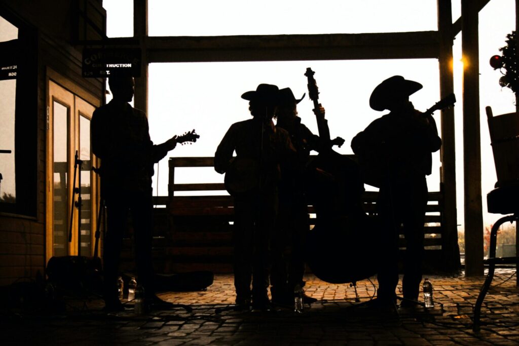 Silhouette of musicians playing string instruments outdoors, creating a rustic and artistic vibe.