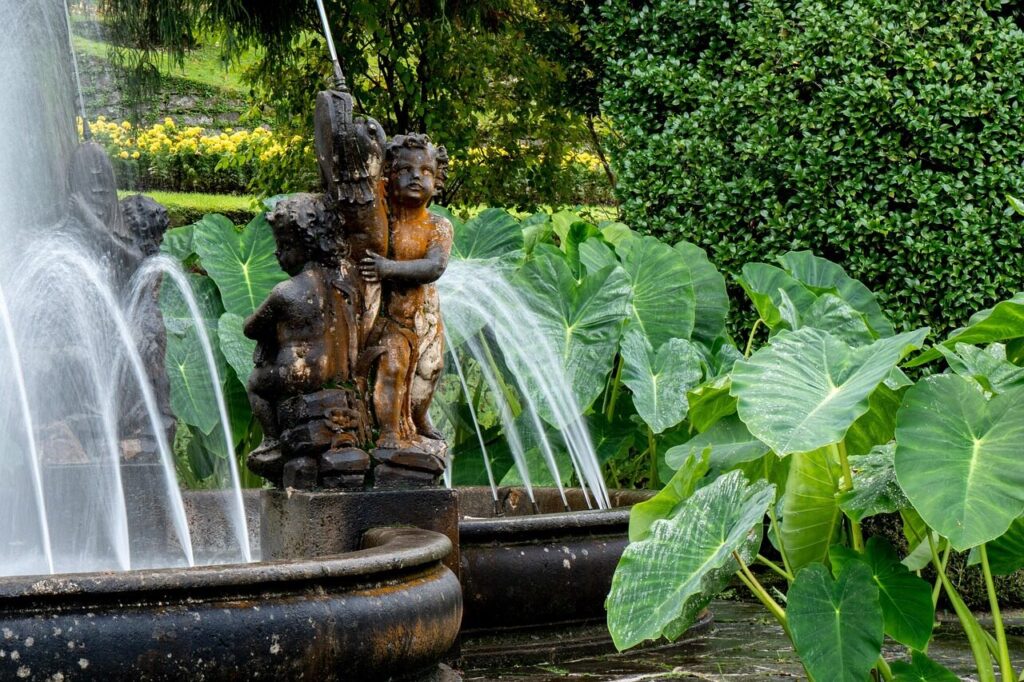 fountain, water feature, sculpture, water jet, garden, nature, figure