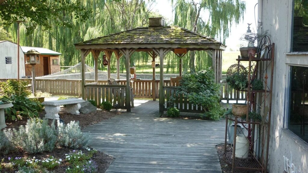 gazebo, deck, shade, patio, trees, relaxation, outdoors, backyard, pergola, pavilion, nature, leisure, yard, relax, covered, porch, landscaping, veranda, outdoor, countryside