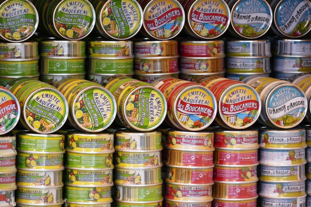 canned goods, cans, canned food, finished products, meal, tin can, fish, can, nature, shelf, food, supermarket, sardines, potted, rifle, packaging