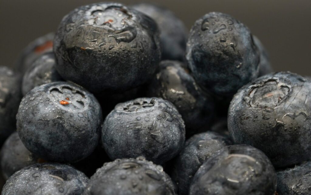 Macro shot of fresh blueberries covered in water droplets, showcasing detail and texture.