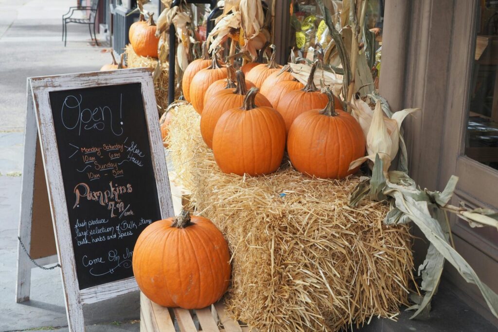 Charming street market with pumpkins in fall, Lahaska, PA.