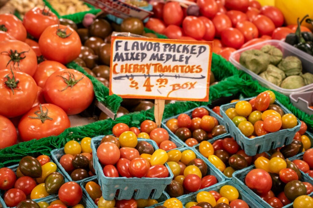 Fresh and colorful cherry tomatoes for sale.