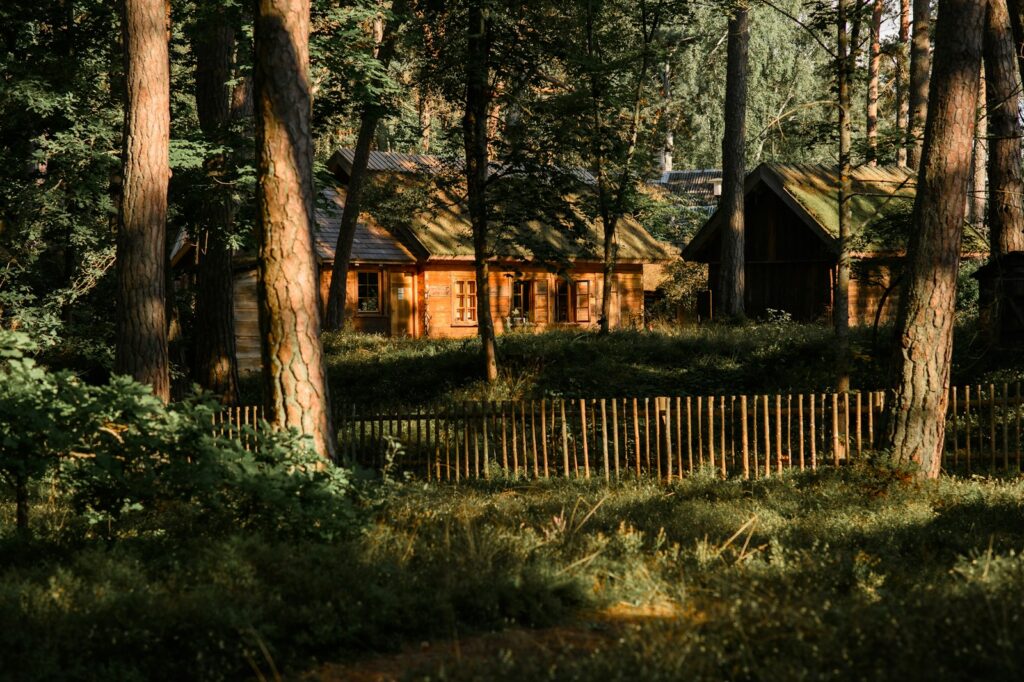 Wooden cabins nestled among trees with a rustic fence.