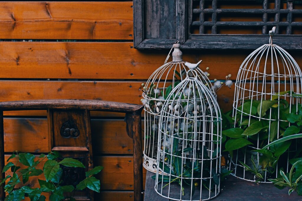 a couple of white bird cages sitting next to each other