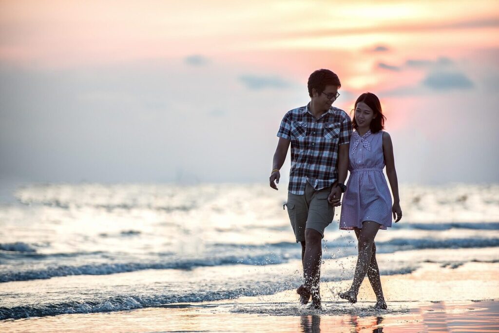 happy valentines day, couple, holding hands, beach, lovers, affection, walk, walking, together, walking together, asian couple, shore, seashore, affectionate, happy couple, love, outdoor, smiling, relationship, pair, girl, sea, ocean, seaside, nature, people, water, asia