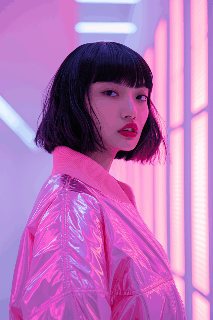 ai generated, pink, woman, beautiful, smiling, laughing, fashion, female, model, dark hair, bobbed hair, neon, asian, mixed race, bob cut