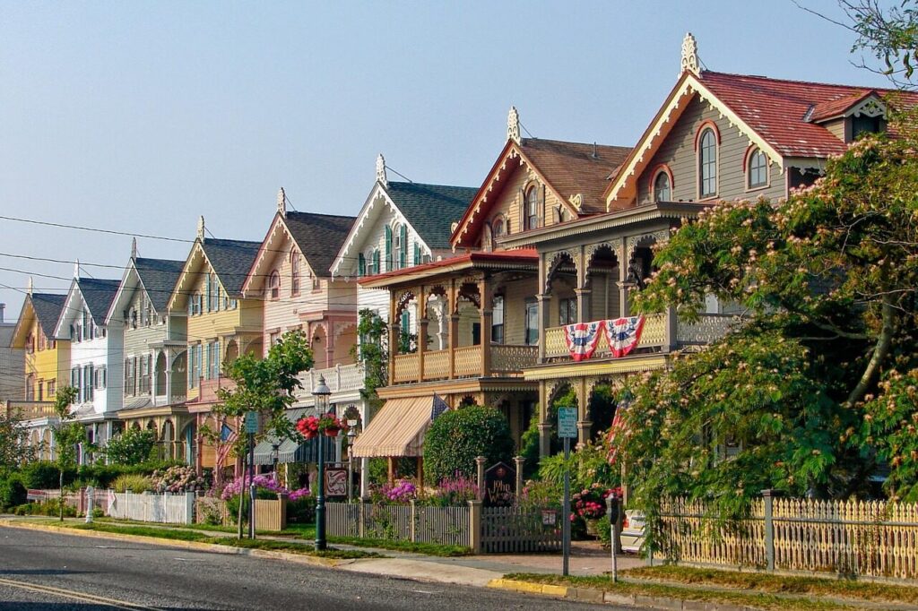 cape may, new jersey, houses, street, town, nature, outside, trees, sky, clouds, hdr