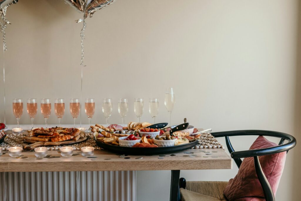 a table with food and glasses on it