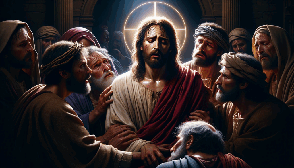 jesus christ, vivid portrayal, emotional scene, betrayal of friends, classical style, religious artwork, biblical moment, spiritual leader, historical religious figure, artistic interpretation, intense emotion, christian iconography, dramatic depiction, sacred imagery, devotional art