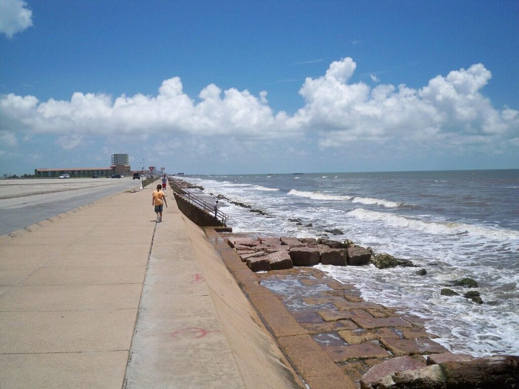 sea, blue sky, shore, coast, nature, rocky, beach, galveston island, island, texas, sky, blue, clouds, tourism, destination