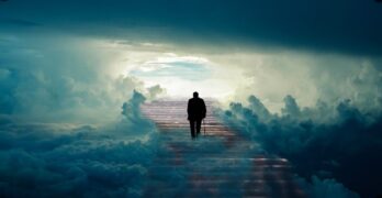man, stairs, heaven, old man, stairway, steps, sky, clouds, nature, cloudy, paradise, faith, belief, fantasy, mourning, loss, grief, afterlife, death