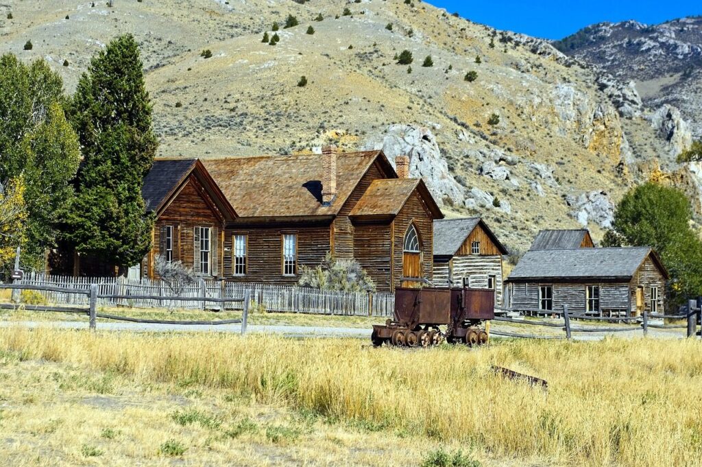 bannack church and other buildings, montana, bannack, ghost town, old west, summer, scenic, historic, blue, scenery, vigilante, wild west, west, mining, mine town, gold rush, gold, mine, church, methodist, nature, architecture, building, christian, country, old