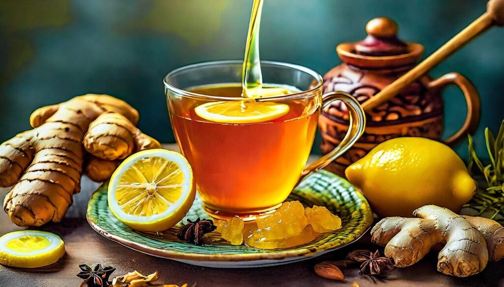 ai generated, tea, lemon, ginger, drink, refreshing, hot tea, nature, fresh, healthy, herbal tea, healing
