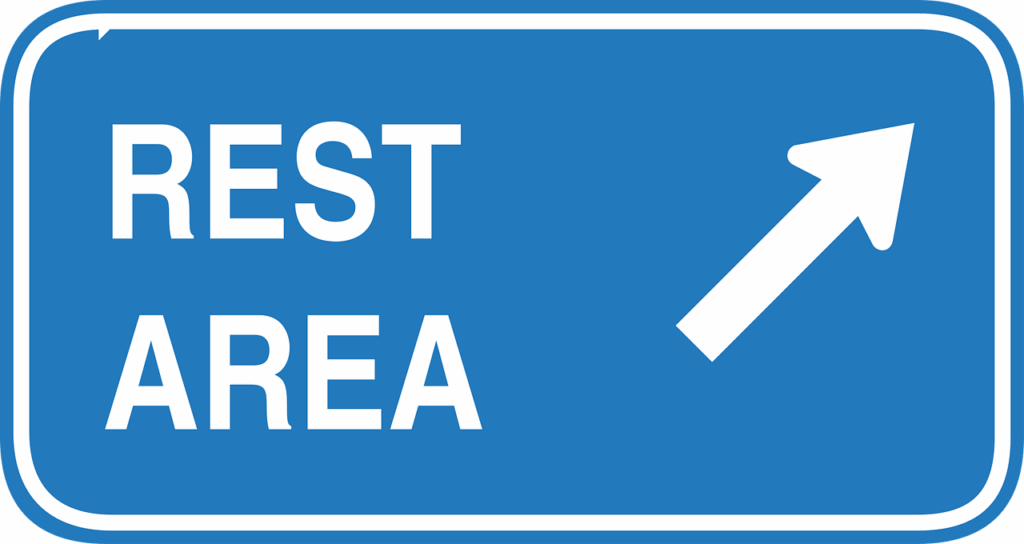 rest, area, arrow, right, ahead, travel, stop, information, sign, signage, highway, freeway, blue arrow, blue information, blue stop, rest, rest, rest, rest, rest, ahead