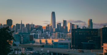 Stunning San Francisco skyline at sunset featuring iconic modern architecture and vibrant cityscape.