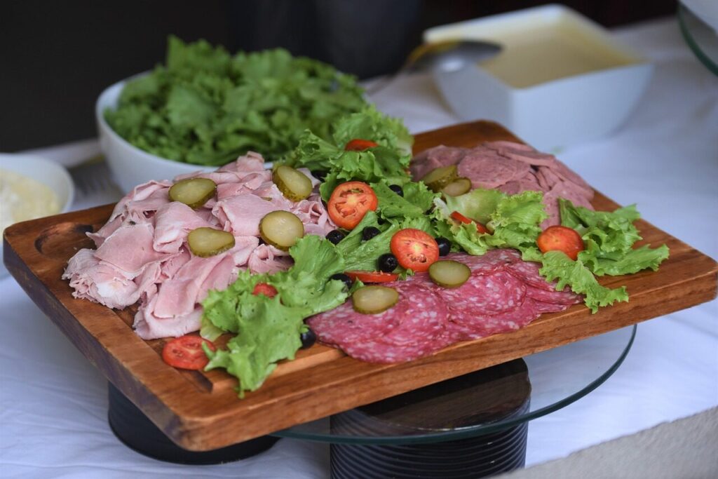 salad, ham, salami, tomato, pickles, meat, vegetables, snack, organic, healthy, nutrition