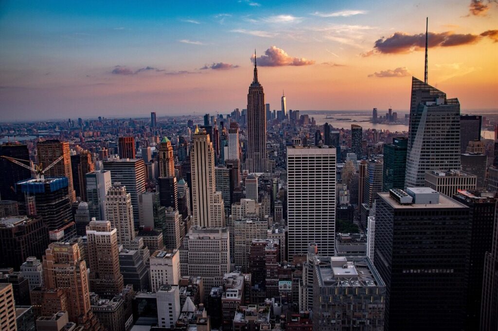 sunset, manhattan, city, skyline, architecture, usa, america, cityscape, nyc, travel, new, skyscraper, downtown, york, view, new york city, dusk, empire, nature, state, empire state building, panoramic, skyscrapers, scenic, yellow, orange