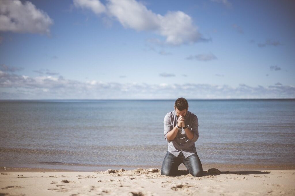beach, idyllic, man, ocean, peaceful, person, praying, sand, sea, seashore, seaside, shadow, sky, nature, water, kneeling, begging, blue sky, blue beach, blue water, blue sea, blue ocean, blue pray, blue peace, blue sand